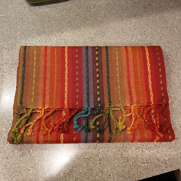 Pier 1 Imports Multi-Stripe Boho Woven Embroidered Table Runner with Fringe - Picture 1 of 7